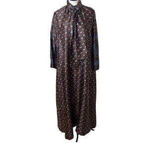 Vintage Womens Maxi Dress Size Large Brown Custom Made Silk Paisley Neck Tie